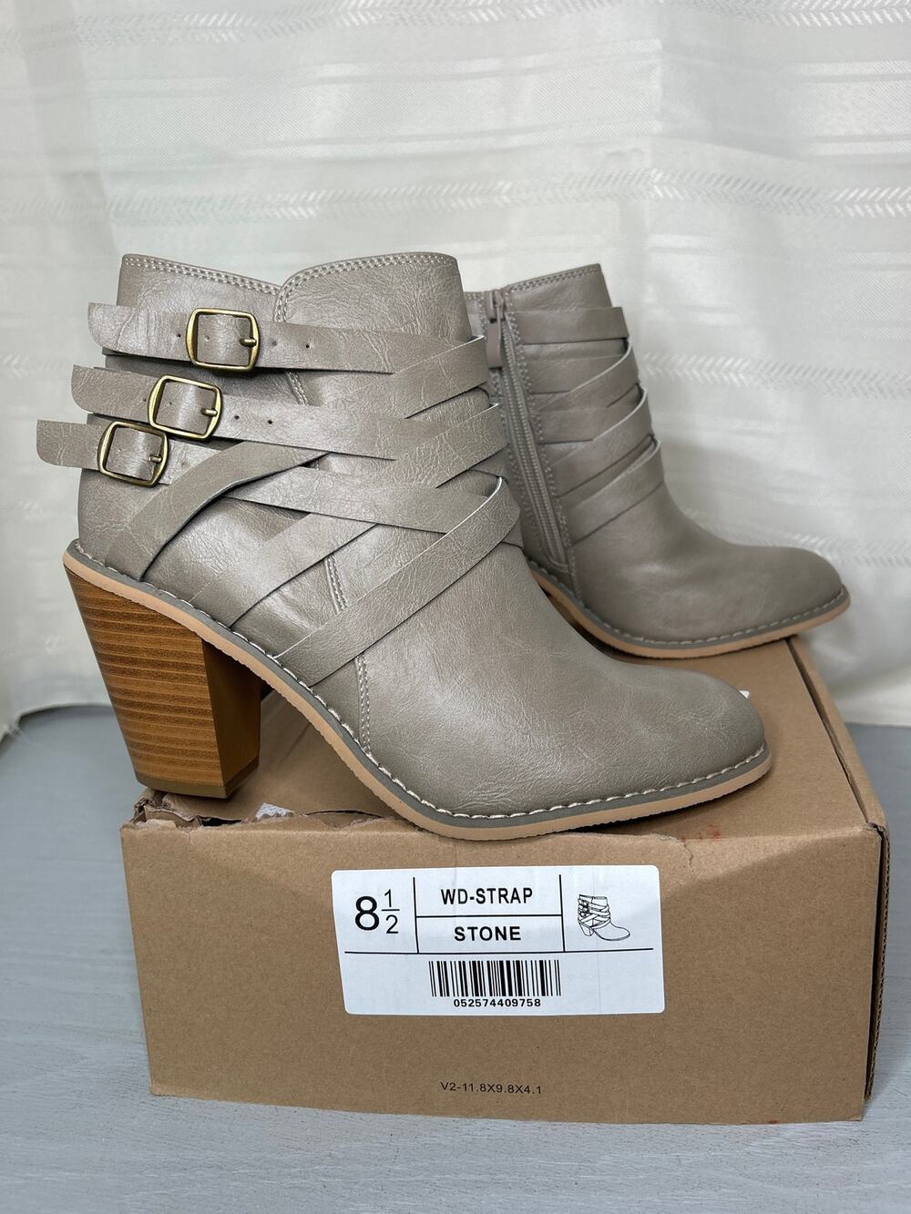 Journee Collection Strap Stacked Heel Dress Booties Stone Size 8.5 Wide